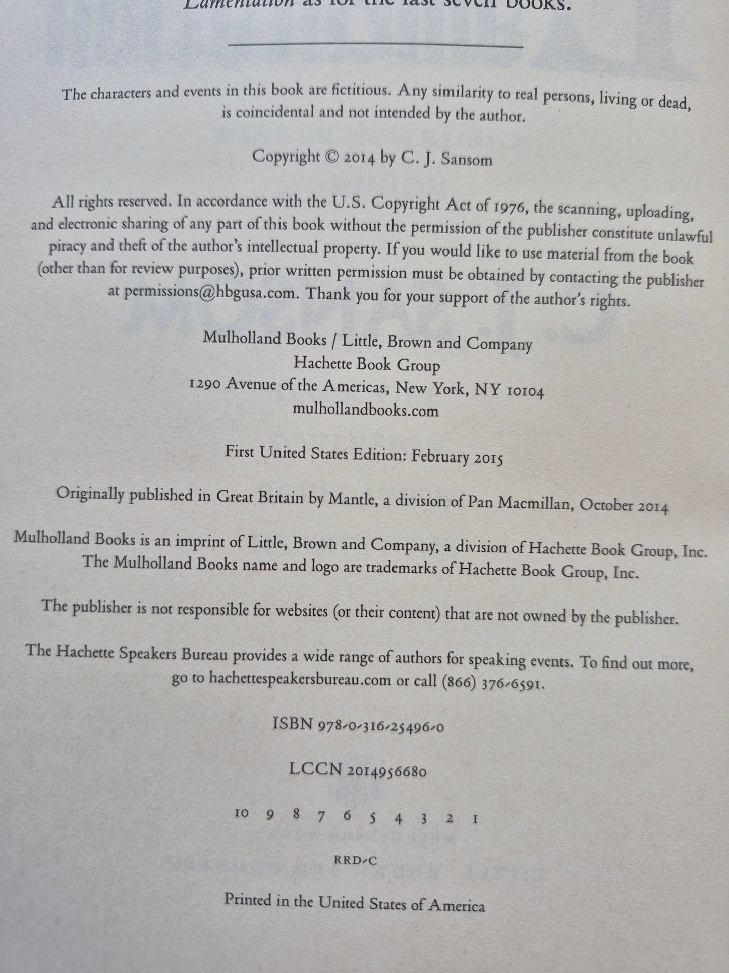 Lamentation by C. J. Sansom -Shardlake #6, Very good, 2014, HC, 641 pgs, Mulholland Books