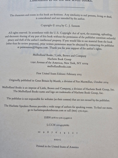 Lamentation by C. J. Sansom -Shardlake #6, Very good, 2014, HC, 641 pgs, Mulholland Books