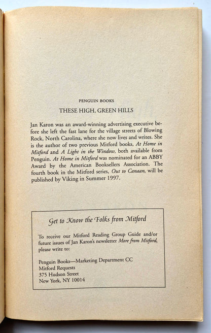These High, Green Hills by Jan Karon (Mitford #3, Good, 1997, Pbk, 349 pgs, Penguin)