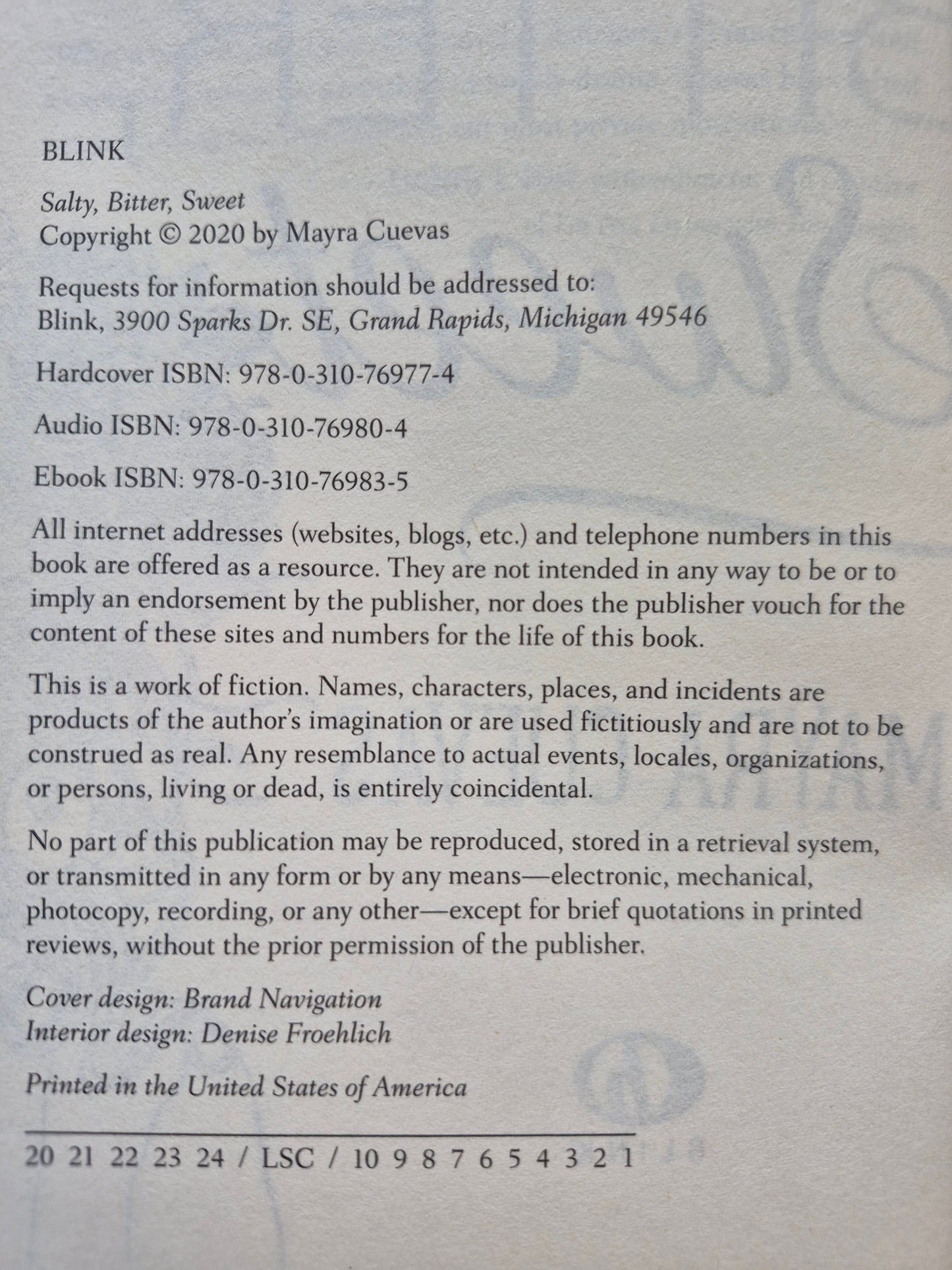 Salty, Bitter, Sweet by Mayra Cuevas (Very good, 2020, HC, 320 pages, Blink)