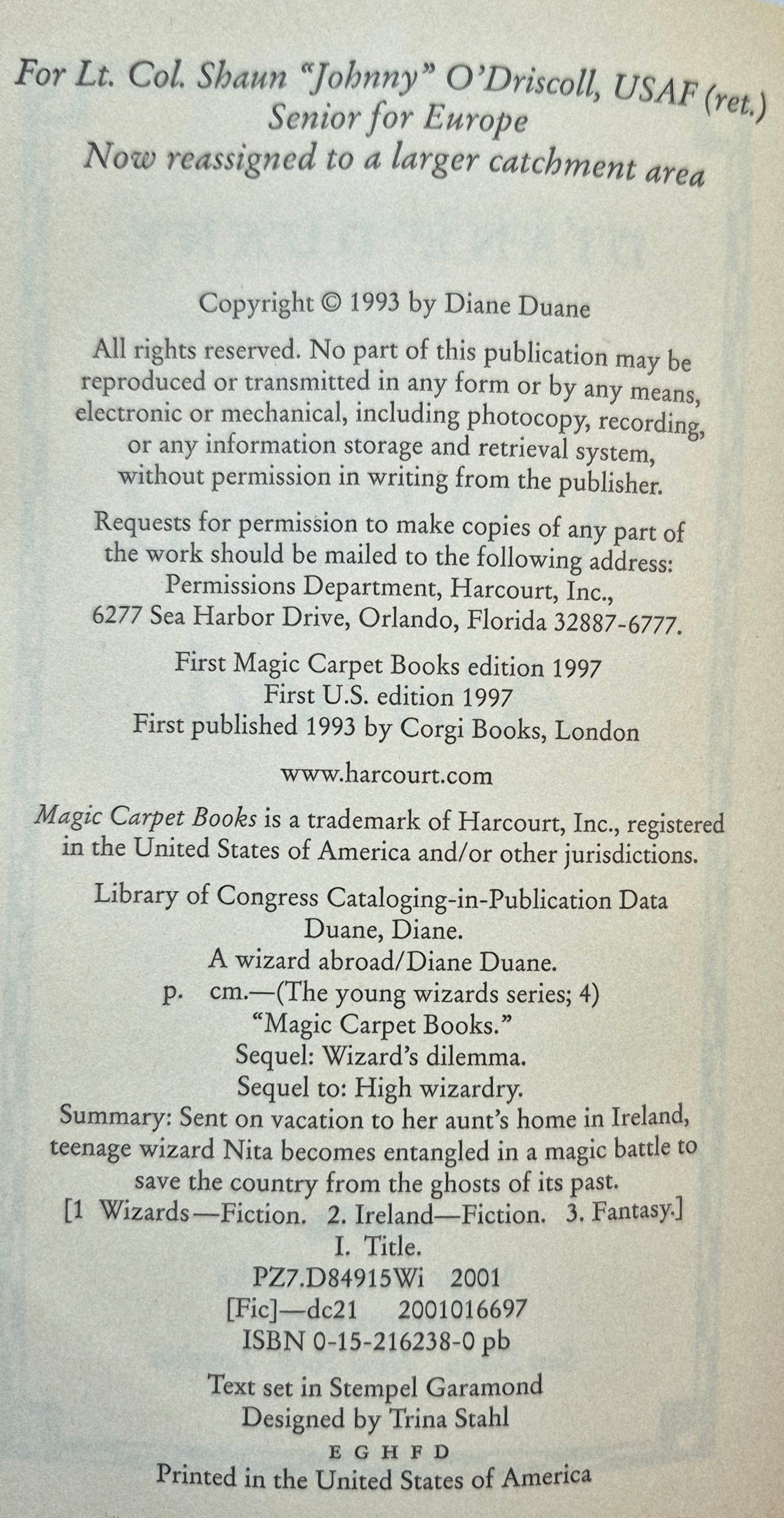 A Wizard Abroad #4 by Diane Duane -Very good, 2001, Pbk, 356 pgs, Magic Carpet Books