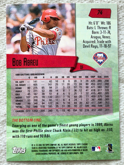 Abreu Bob Philadelphia Phillies Outfield #74 Topps 2000 Stadium Club Baseball Card