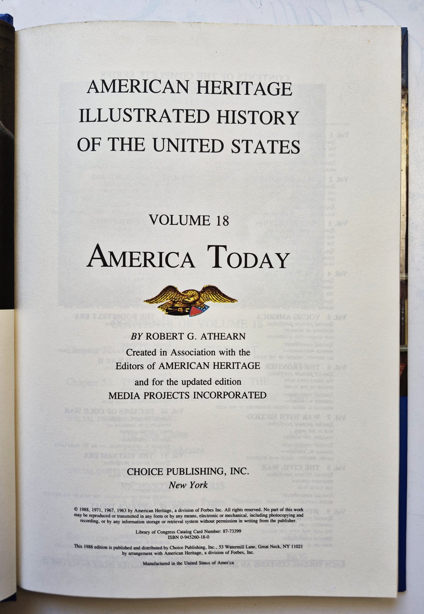 History of the United States Vol. 18 America Today by Robert G. Athearn (Very good, 1988, HC, Choice Pub.)