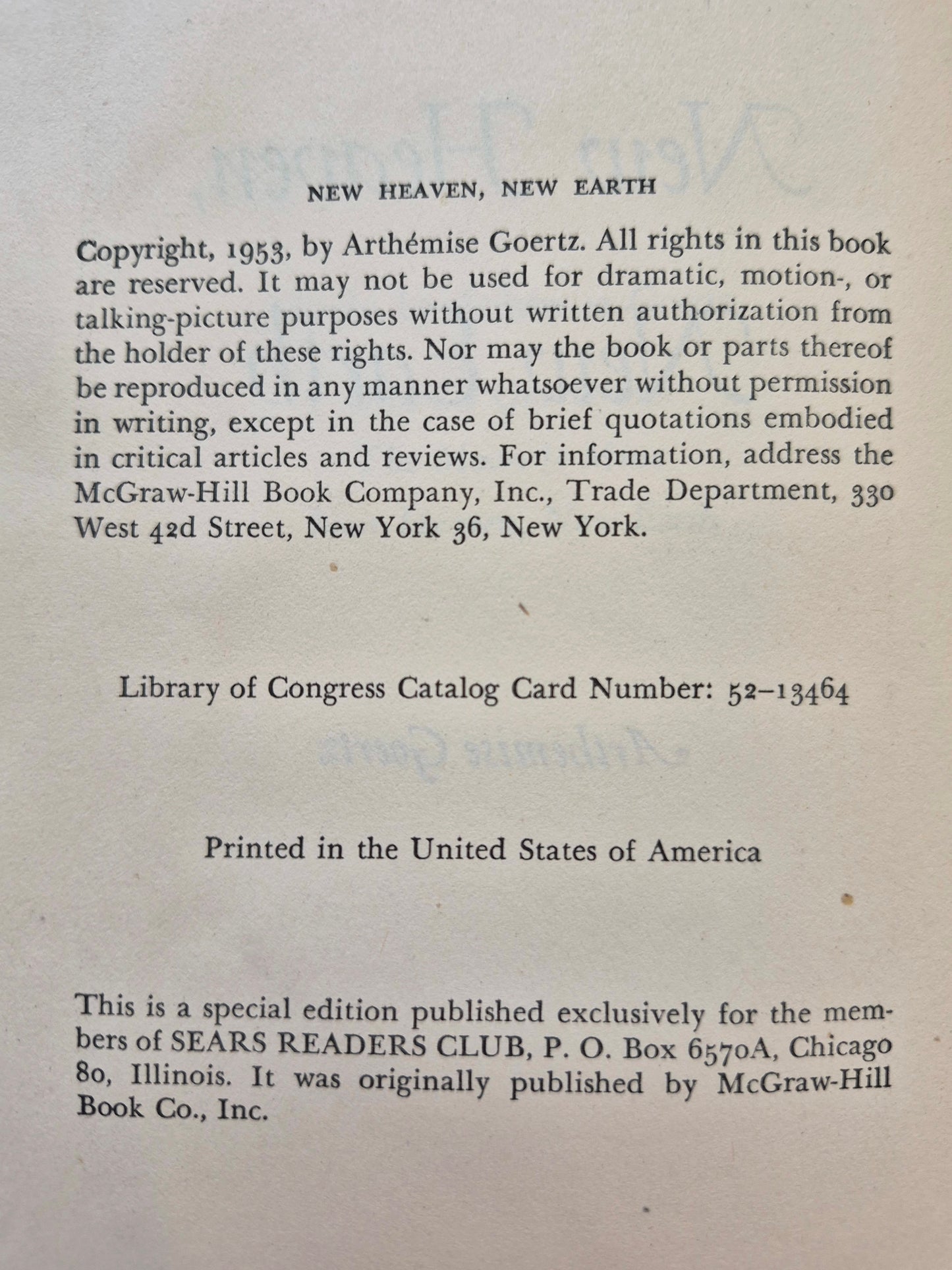 New Heaven, New Earth by Arthemise Goertz -Very Good, 1953, HC, 319 pgs, Sears Readers Club