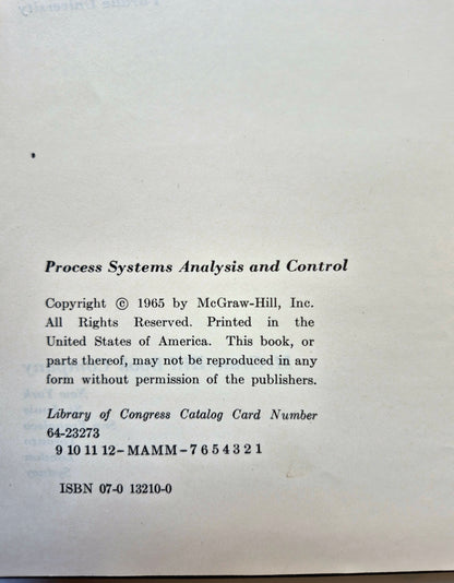 Chemical Engineering Series: Process Systems Analysis and Control by Donald R. Conghanowr; Lowell B. Koppel (Good, 1965, HC, 491 pgs, McGraw-Hill Inc. First Edition)