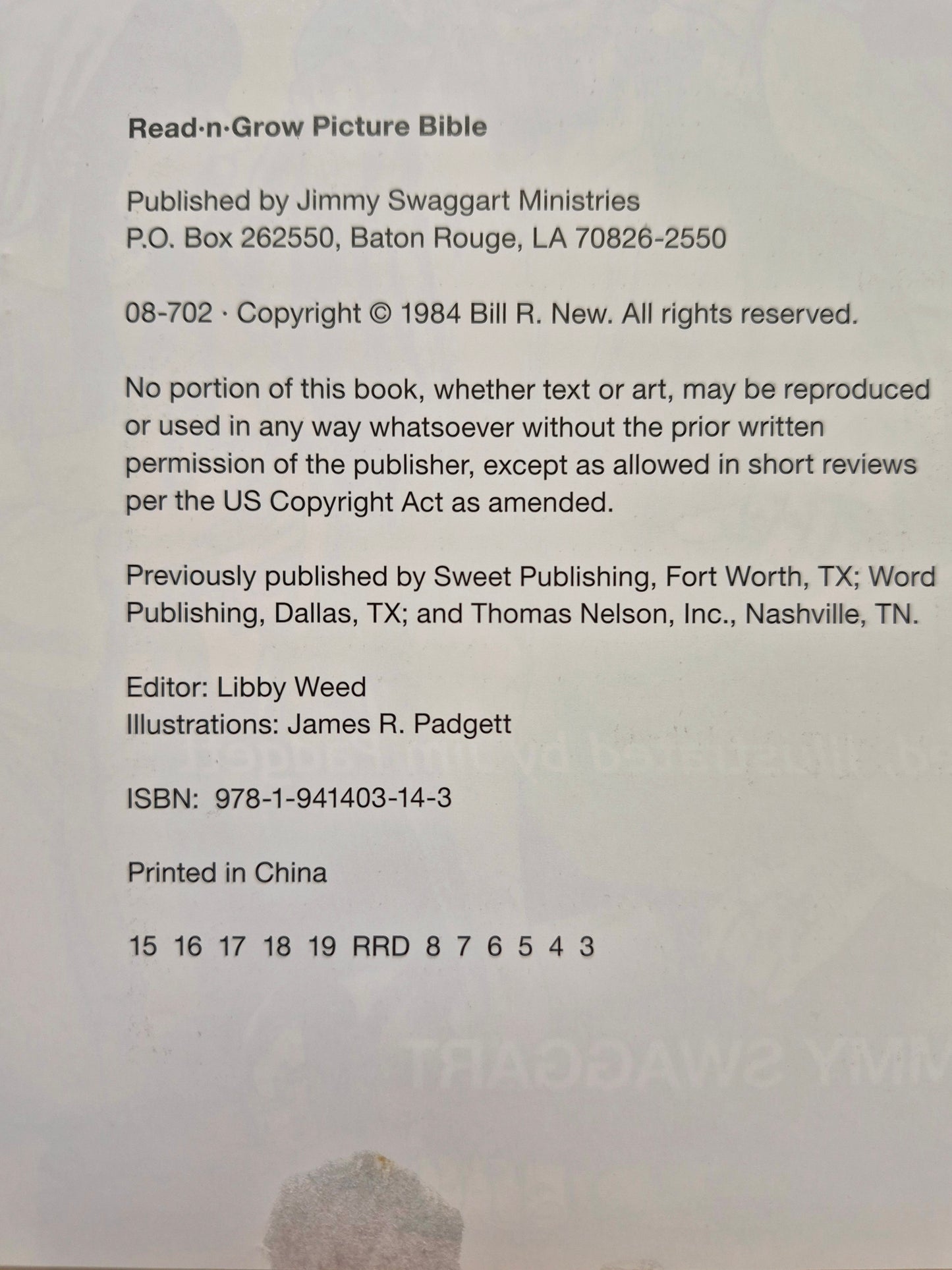 Read-n-Grow Picture Bible edited by Libby Weed (Good, 1984, HC, 319 pgs, Jimmy Swaggart Ministries)