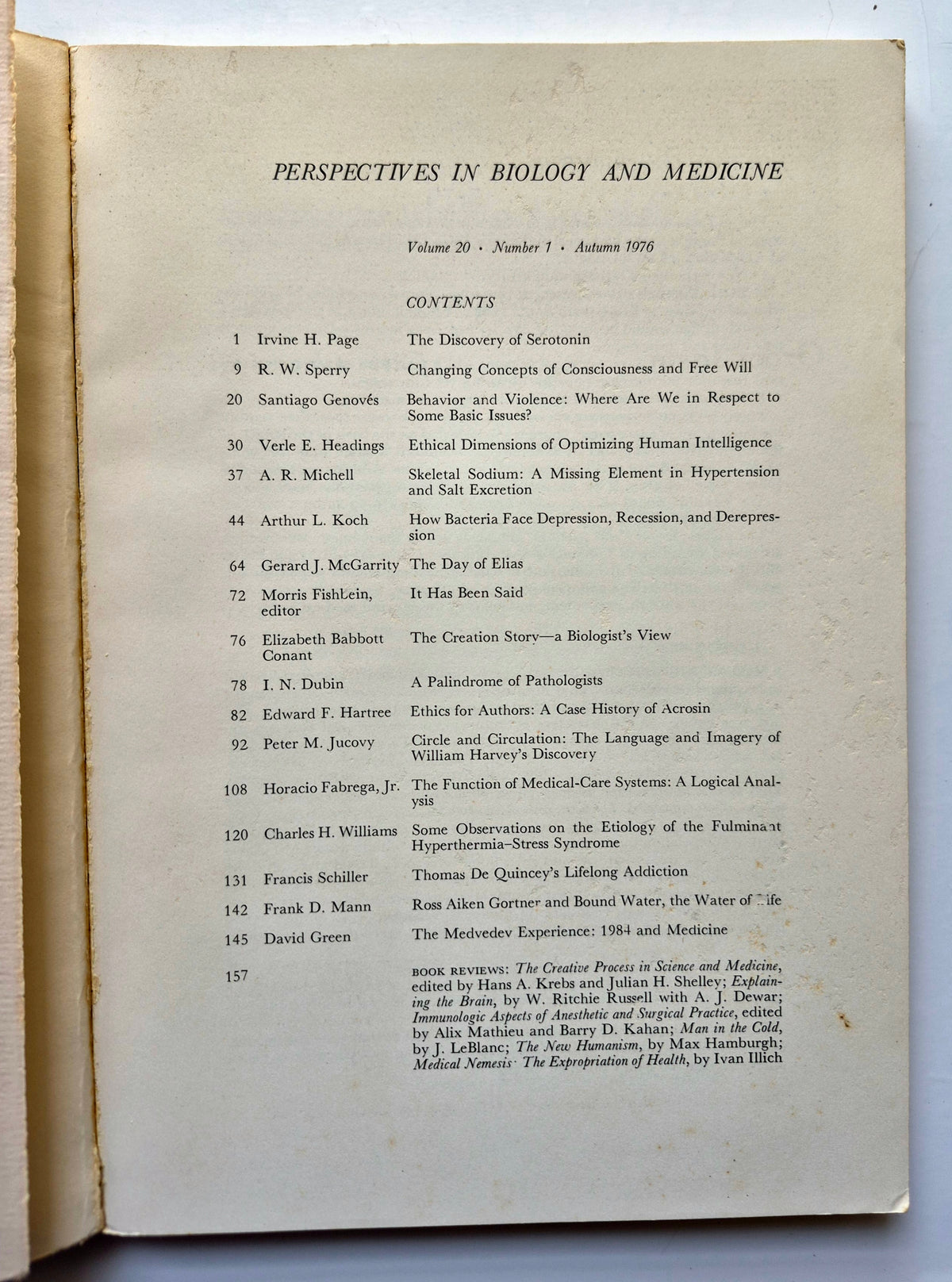 Perspectives in Biology and Medicine Volume 20 Number 1 (Good, Autumn 1976, Pbk, 174 pgs, The University of Chicago Press)
