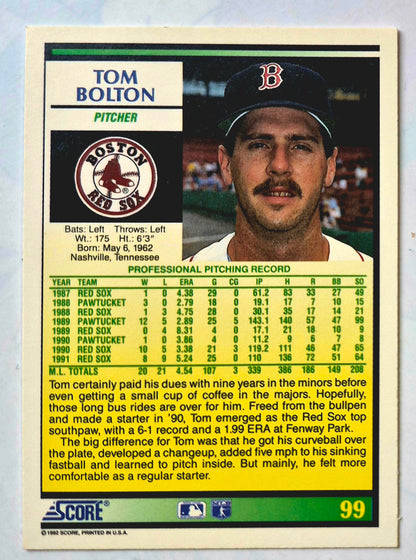 Bolton Tom Boston Red Sox Pitcher #99 1992 Score Baseball Card