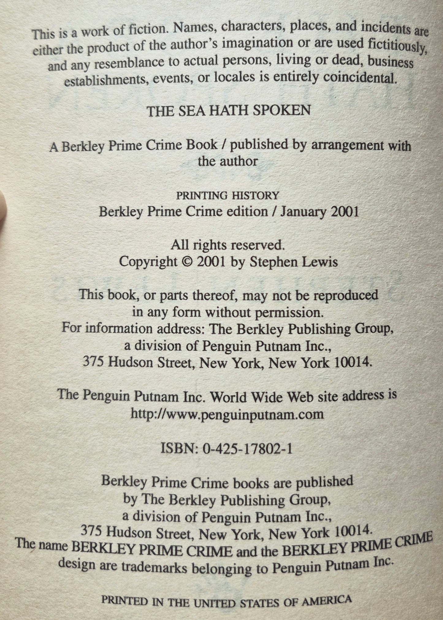 The Sea Hath Spoken by Stephen Lewis (Very good, 2001, PBK, 281 pgs, Berkley Prime Crime)