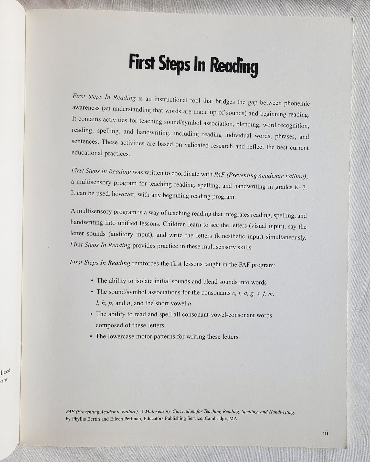First Steps in Reading by Phyllis Bertin (New, 2001, Pbk, Educators Pub.)