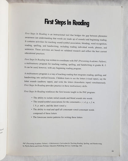 First Steps in Reading by Phyllis Bertin (New, 2001, Pbk, Educators Pub.)