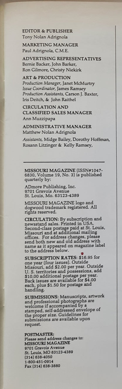 Missouri Magazine Fall 1992 edited by Tony Nolan Adrignola (Very good, 1992, Pbk, 48 pages, ADmore Publishing)