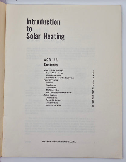 Introduction to Solar Heating ACR-146 by McGraw-Hill (Good, 1978, Pbk, 28 pgs, NRI Air Conditioning, Refrigeration, and Heating School)