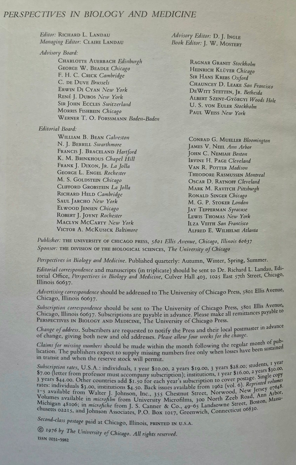 Perspectives in Biology and Medicine Volume 20 Number 1 (Good, Autumn 1976, Pbk, 174 pgs, The University of Chicago Press)