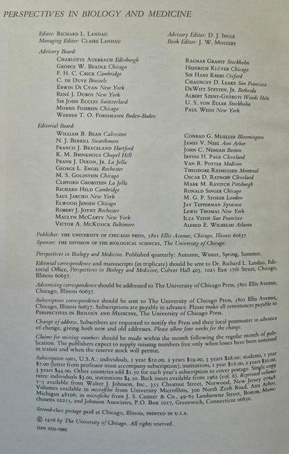 Perspectives in Biology and Medicine Volume 20 Number 1 (Good, Autumn 1976, Pbk, 174 pgs, The University of Chicago Press)