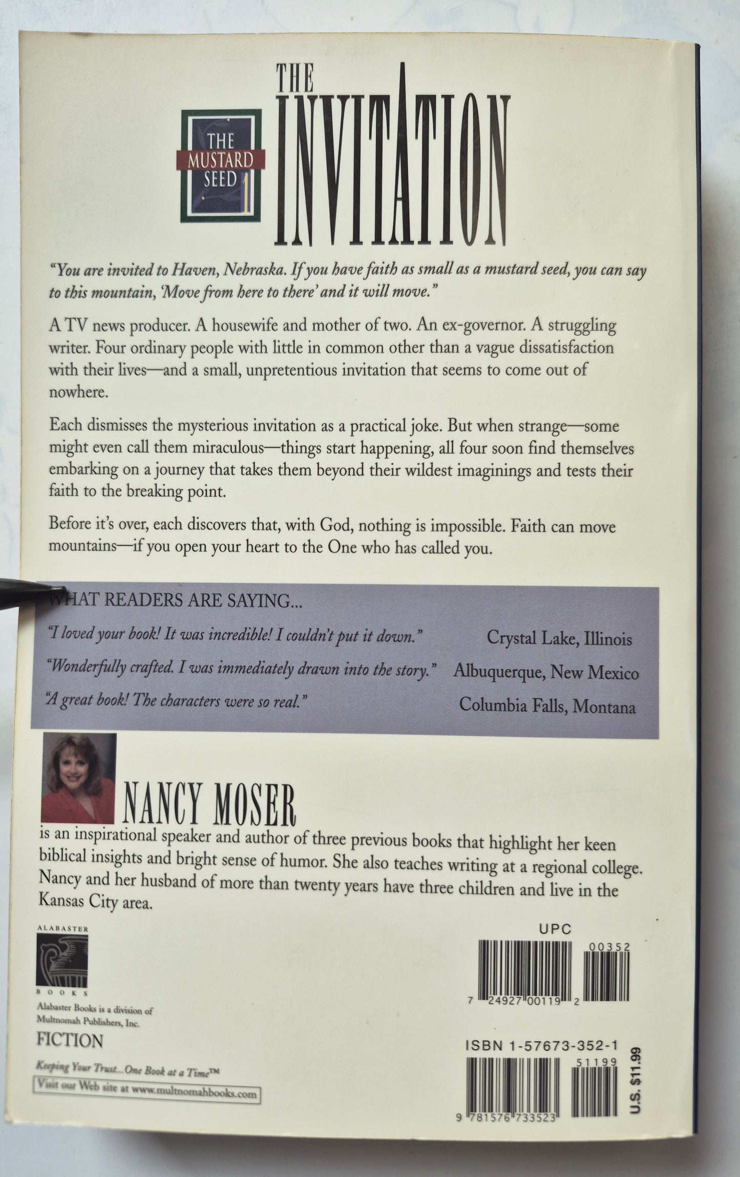 The Invitation by Nancy Moser (Mustard Seed #1, Very good, 1998, Pbk, 425 pgs, Alabaster Books)