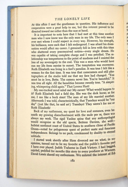 The Lonely Life: An Autobiography by Bette Davis (Good, 1962, HC, 254 pgs, G.P. Putnam's Sons)