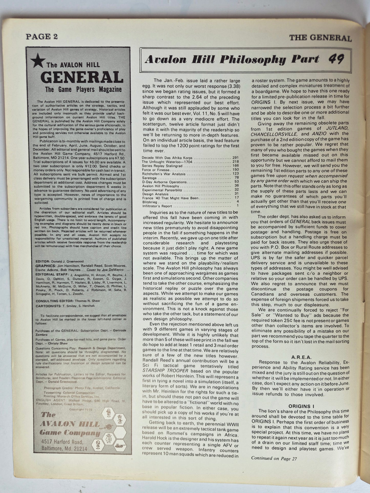 The Avalon Hill General Mar-Apr 1975 Vol. 11, No. 6 Richthofen's War...A Fun Game