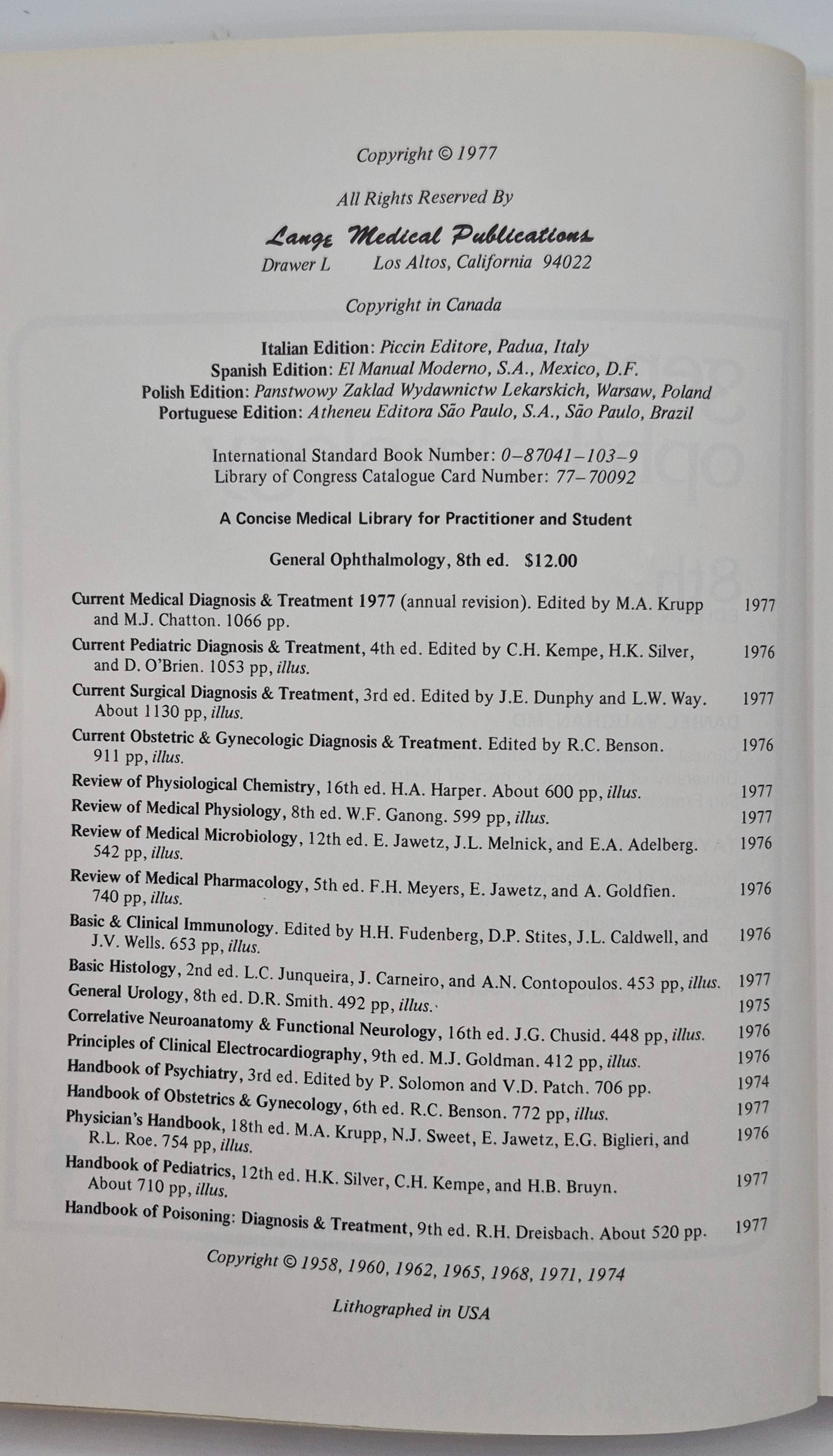 General Ophthalmology 8th Edition by Daniel Vaughan; Taylor Asbury (Very good, 1977, Pbk, 378 pgs, Lange Medical Pub.)