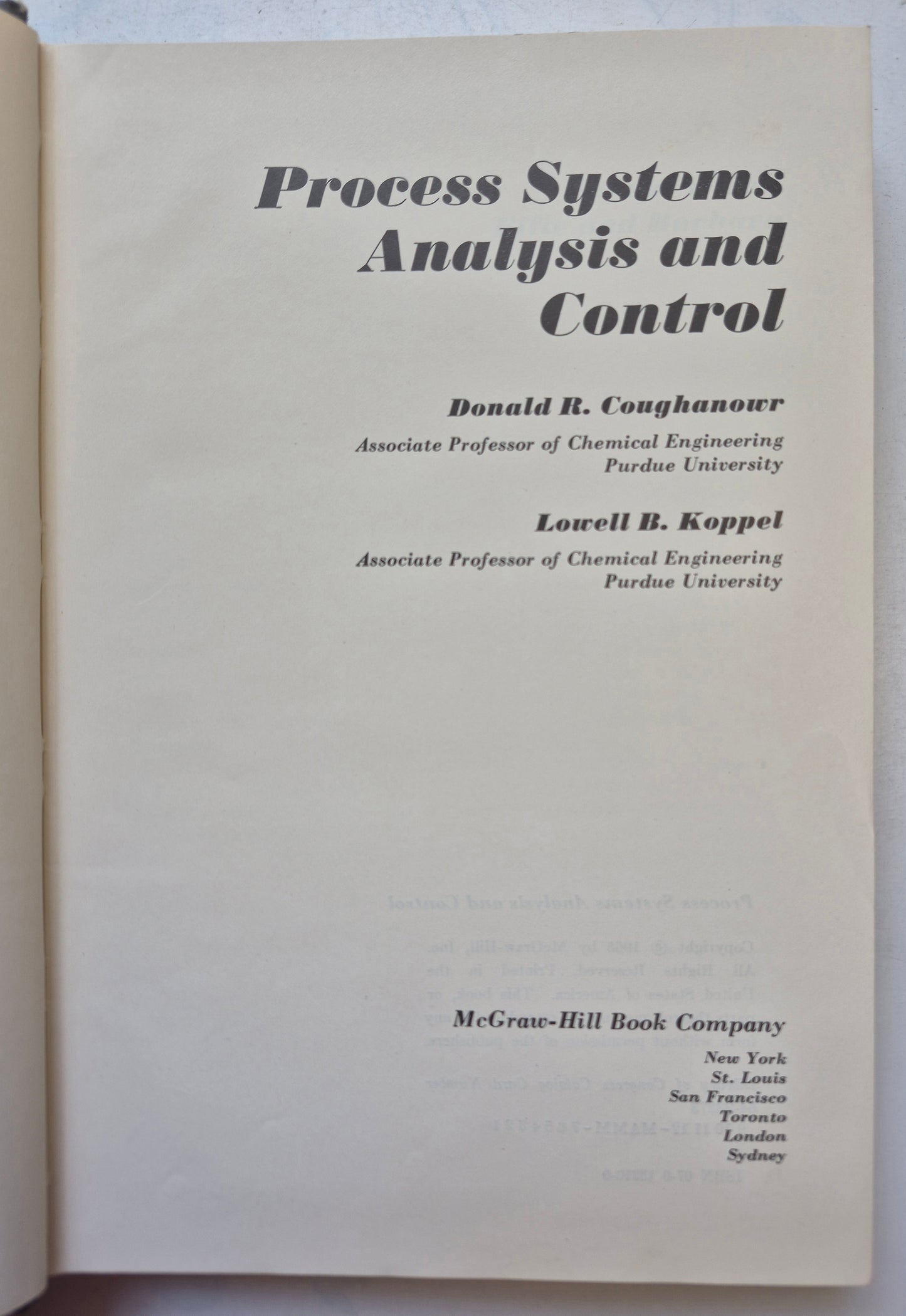 Chemical Engineering Series: Process Systems Analysis and Control by Donald R. Conghanowr; Lowell B. Koppel (Good, 1965, HC, 491 pgs, McGraw-Hill Inc. First Edition)