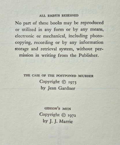 The Case of the Postponed Murder by Erle Stanley Gardner & Gideon's Men by J.J. Marric (Very good, 1973, HC, 302 pgs, Detective Book Club)