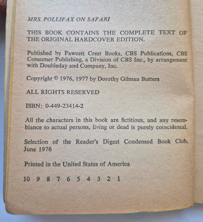 Mrs. Pollifax on Safari #5 by Dorothy Gilman -Good, 1977, Pbk, 223 pgs, Fawcett Crest