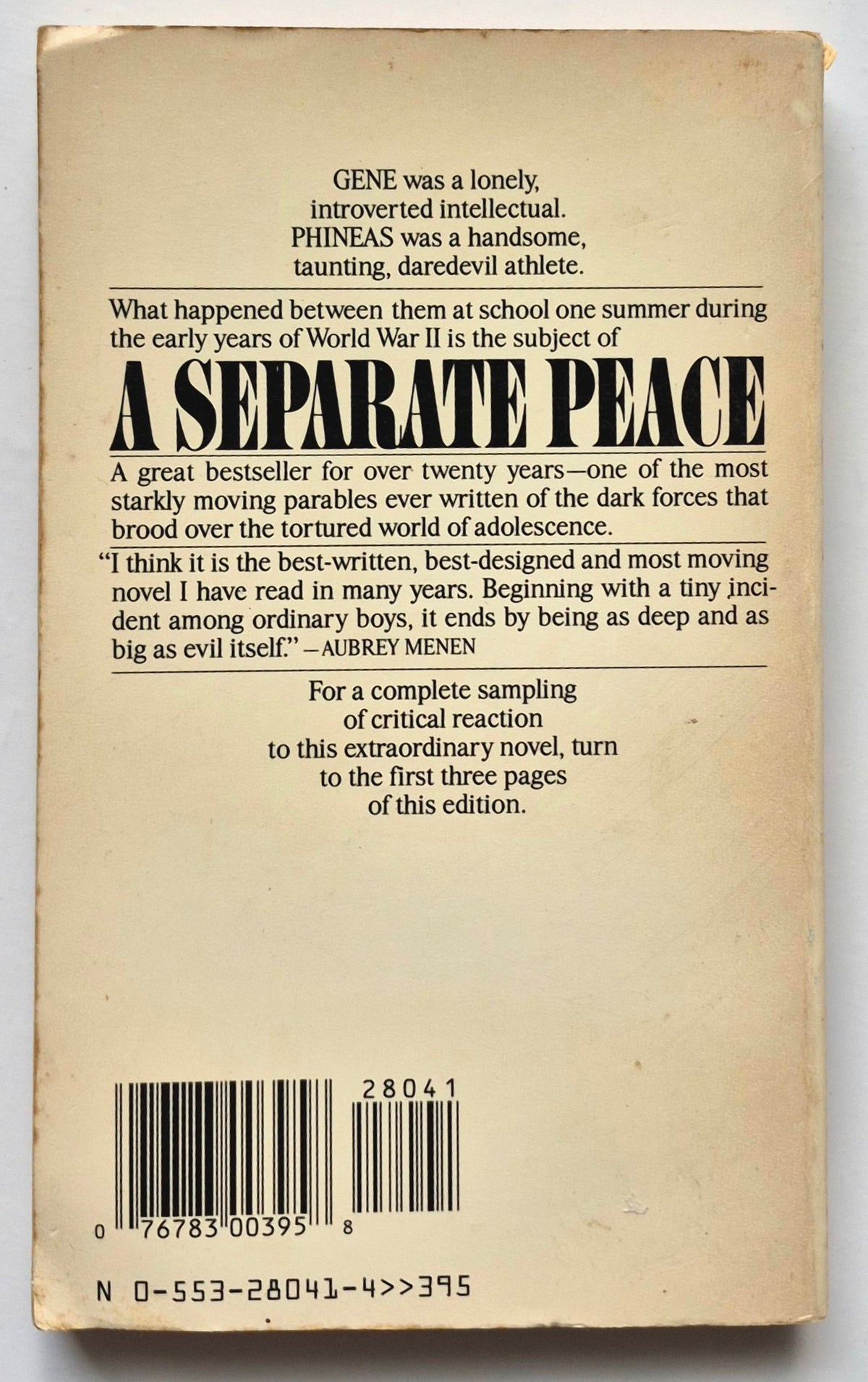 A Separate Peace by John Knowles (Good, 1988, Pbk, 196 pgs, Bantam Books)