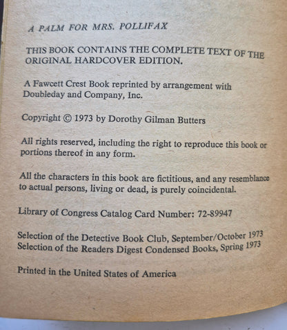 A Palm for Mrs. Pollifax #4 by Dorothy Gilman -Good, 1973, Pbk, 191 pgs, Fawcett Crest