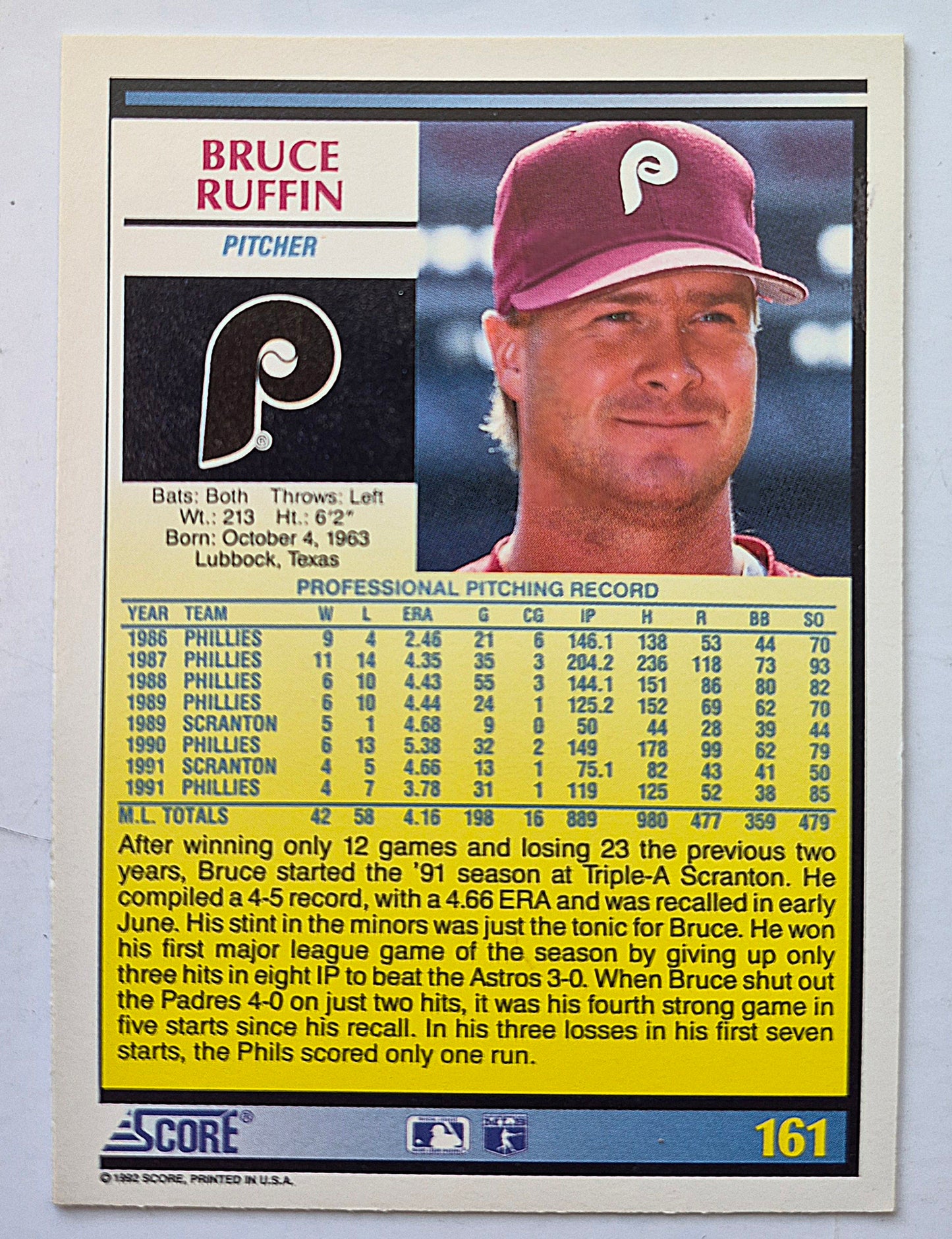 Ruffin Bruce Philadelphia Phillies Pitcher #161 Score '92 Baseball Card