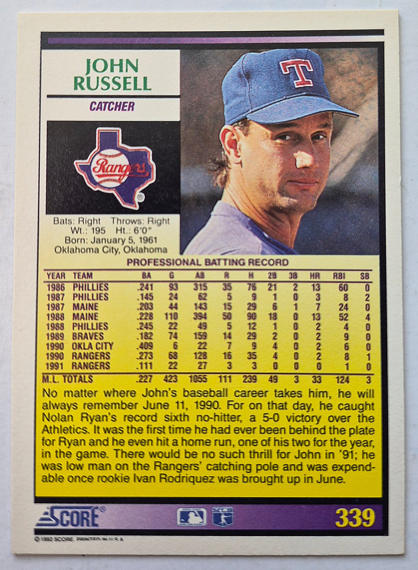 Russell John Texas Rangers Catcher #339 Score '92 Baseball Card