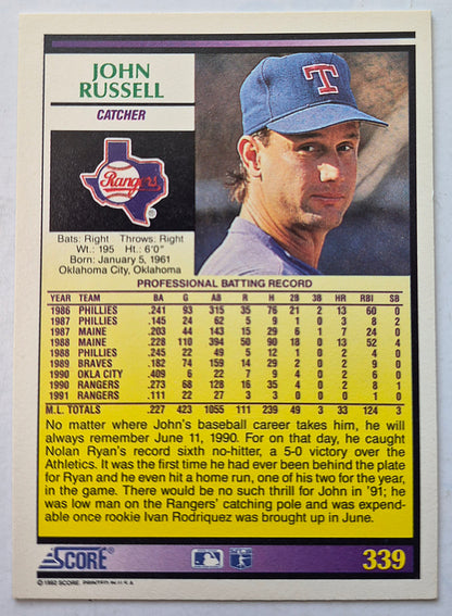 Russell John Texas Rangers Catcher #339 Score '92 Baseball Card