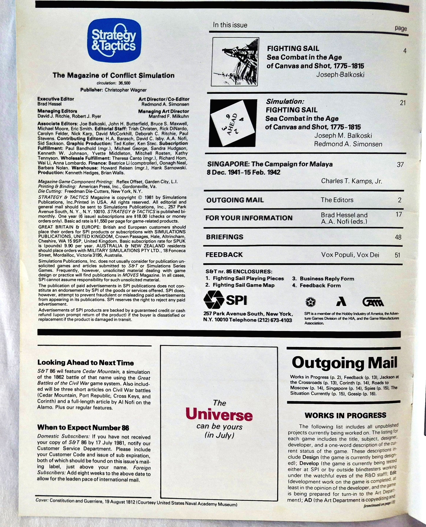 #85 Strategy & Tactics Gefechtssegeln Seekampf im Zeitalter von Leinwand und Geschütz 1775-1815 März/April 1981 (Gut, Taschenbuch, 56 S., Simulations Publications Inc)