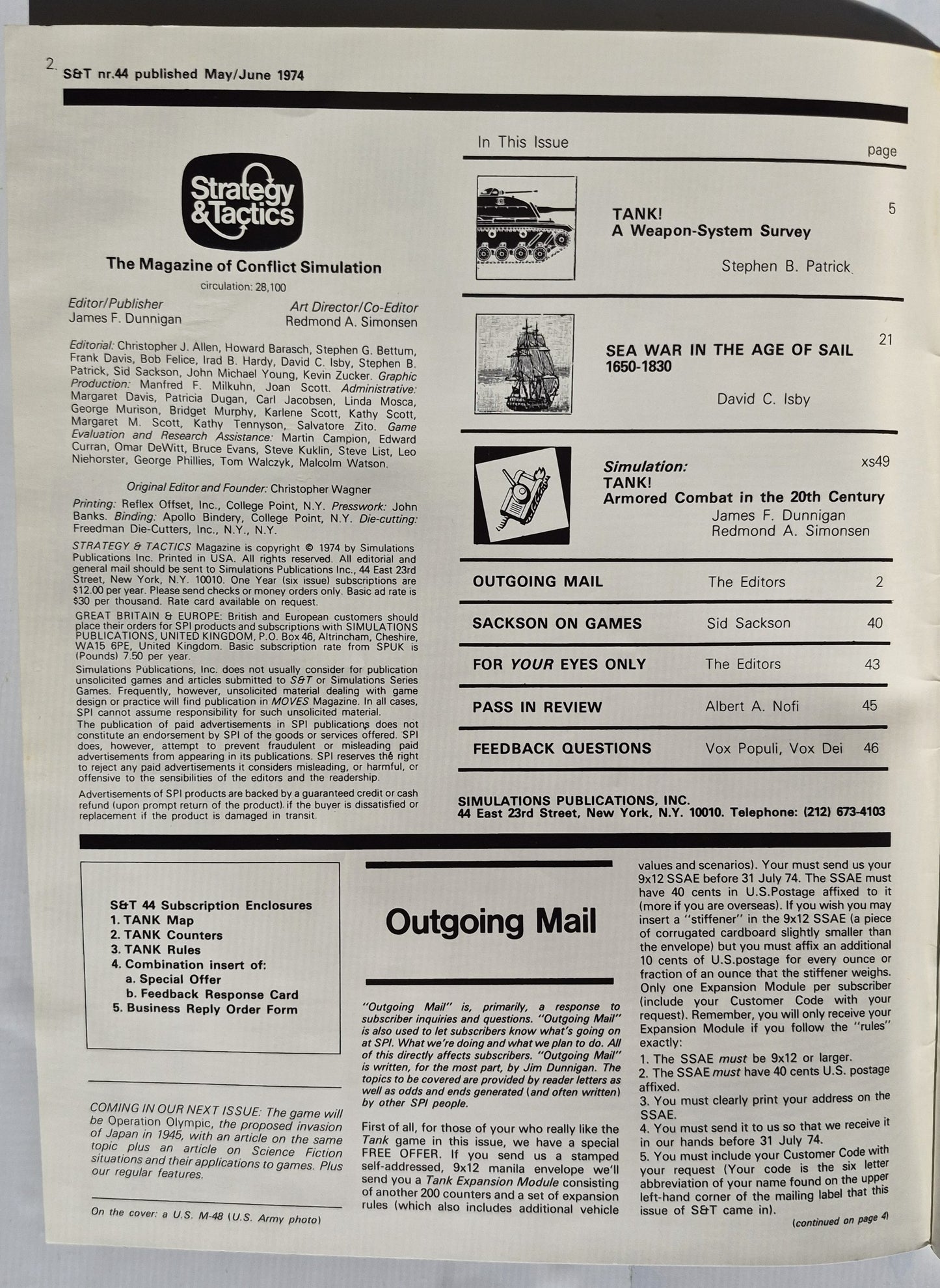 #44 Strategy & Tactics: TANK! A Weapon System Survey (Very good, May/June 1974, 48 pgs, Simulations Publications, Inc.)