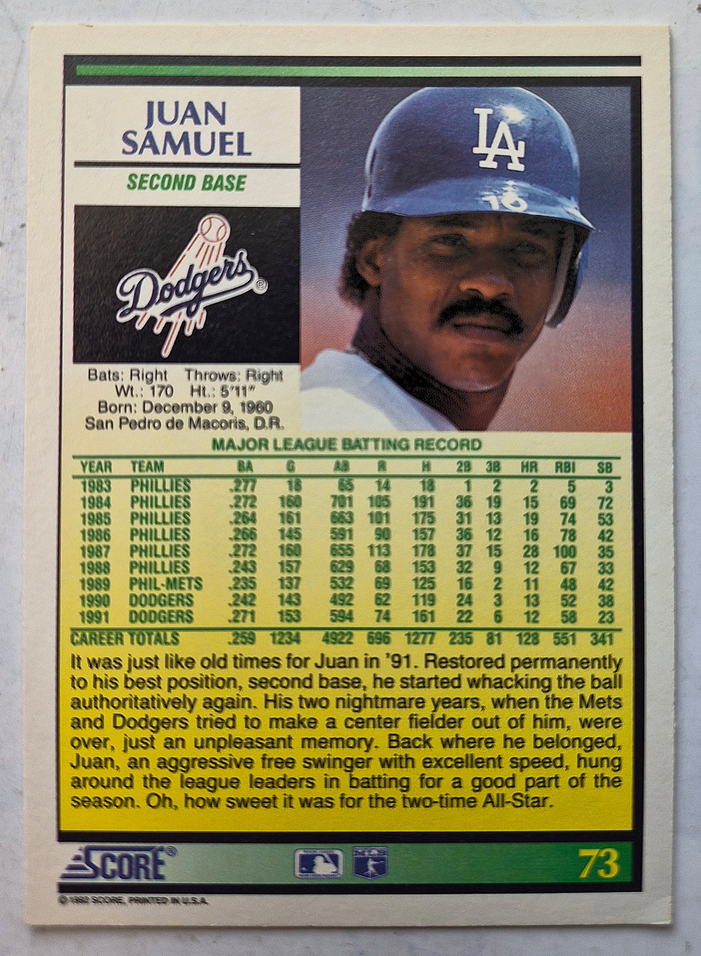 Score '92 Juan Samuel Los Angeles Dodgers Second Base #73 Baseballkarte Nahezu Neuwertig