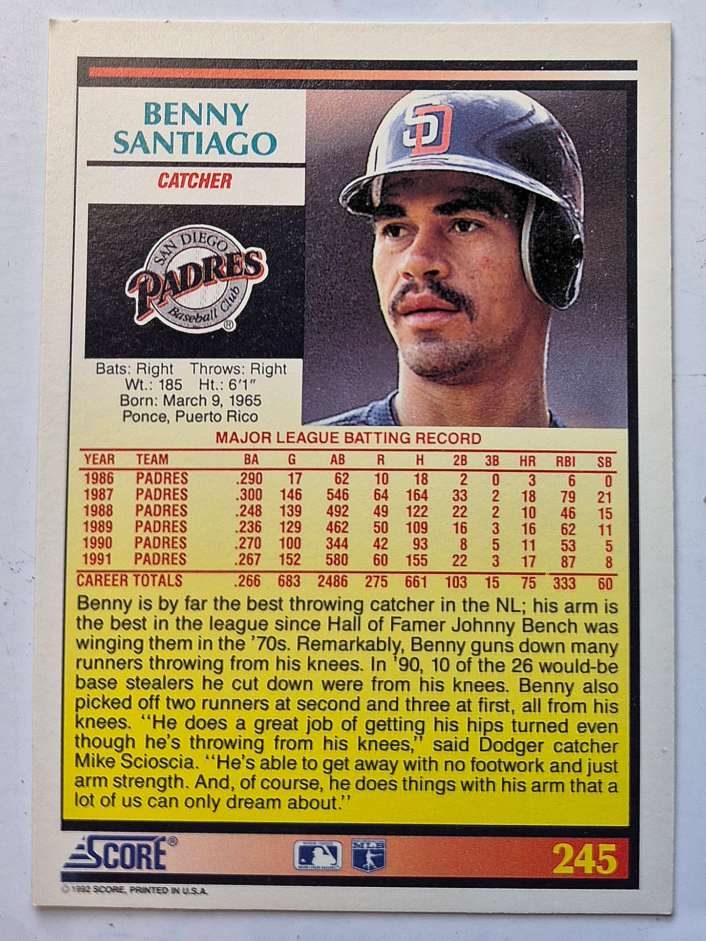 Santiago Benny San Diego Padres Catcher #245 Score '92 Baseball Card