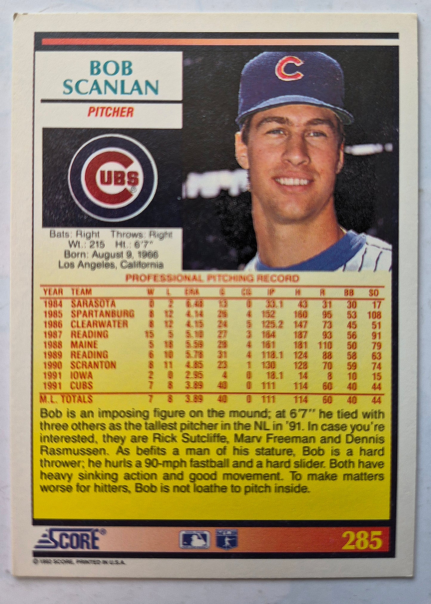 Scanlan Bob Chicago Cubs Pitcher #285 Score '92 Baseball Card