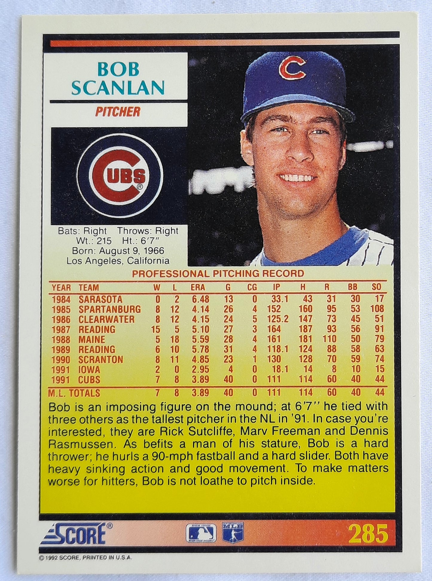 Score '92 Bob Scanlan Pitcher Chicago Cubs #285 Baseball Card Near Mint