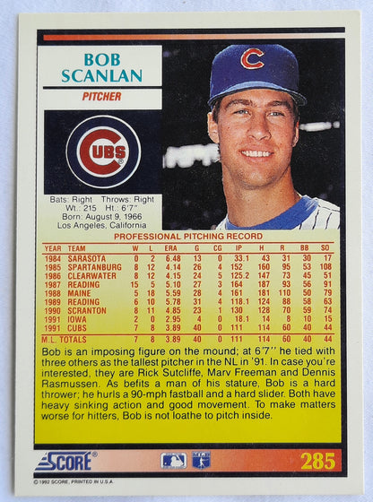 Score '92 Bob Scanlan Pitcher Chicago Cubs #285 Baseball Card Near Mint