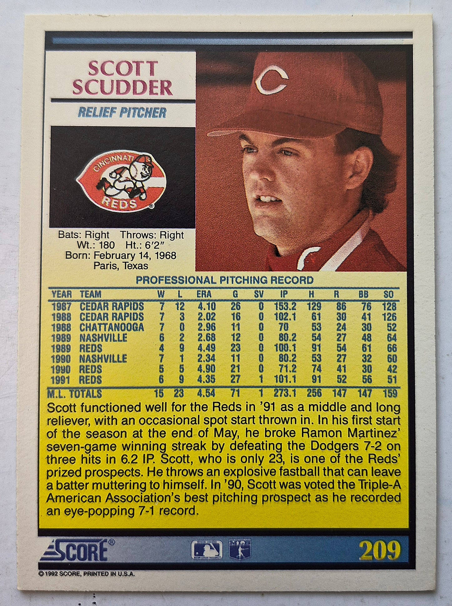Scudder Scott Cincinnati Reds Relief Pitcher #209 Score '92 Baseball Card