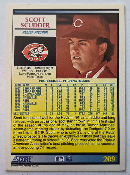 Scudder Scott Cincinnati Reds Relief Pitcher #209 Score '92 Baseball Card