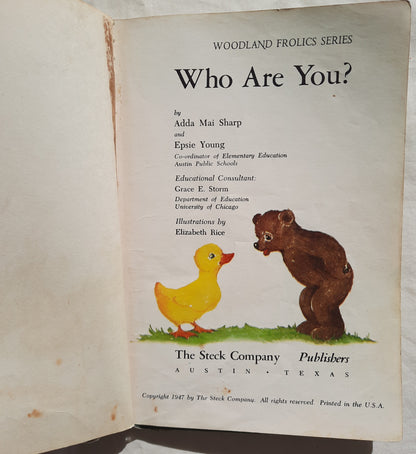 Who Are You? by Adda Mai Sharp; Epsie Young (Woodland Frolics Series: Acceptable, 1947, HC, 48 pages, The Steck Co.)