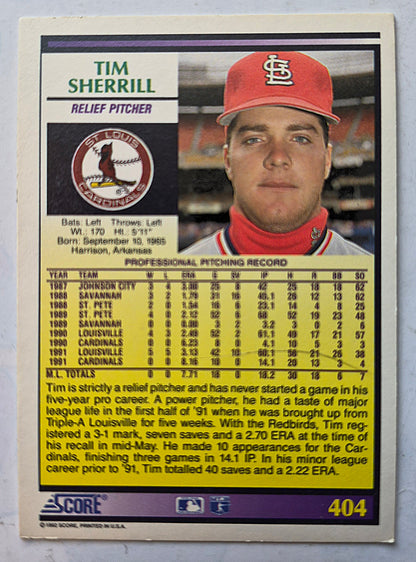 Sherrill Tim St. Louis Cardinals Relief Pitcher #404 Rookie Prospect Score '92 Baseball Card