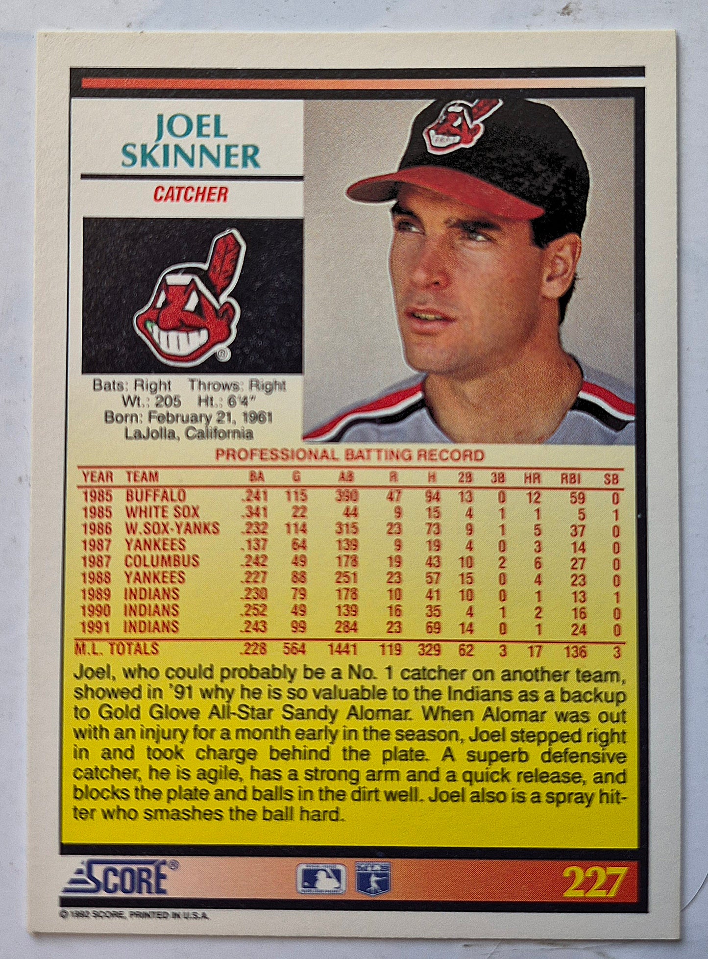 Skinner Joel Cleveland Indians Catcher #227 Score '92 Baseball Card
