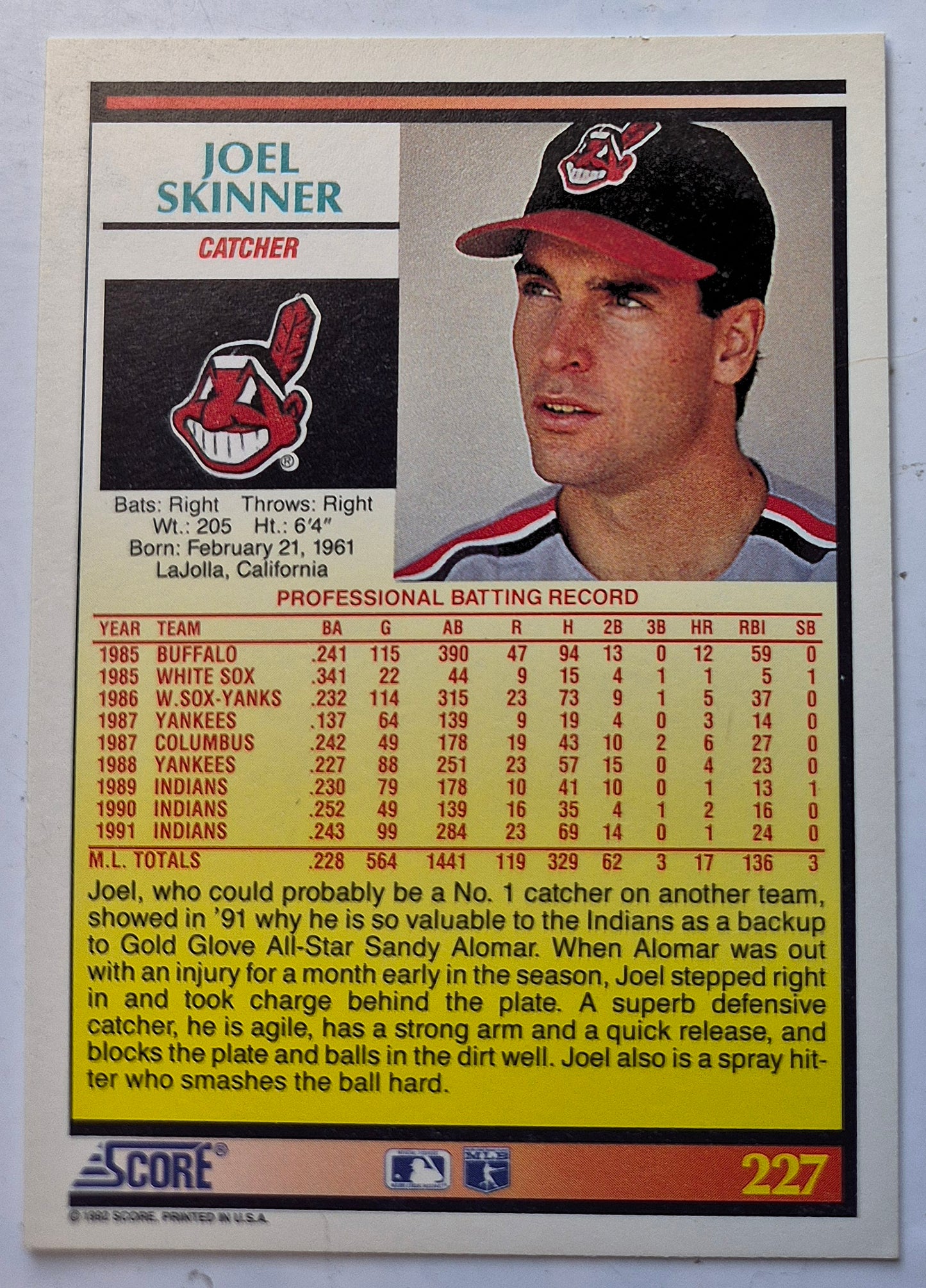 Skinner Joel Cleveland Indians Catcher #227 Score '92 Baseball Card