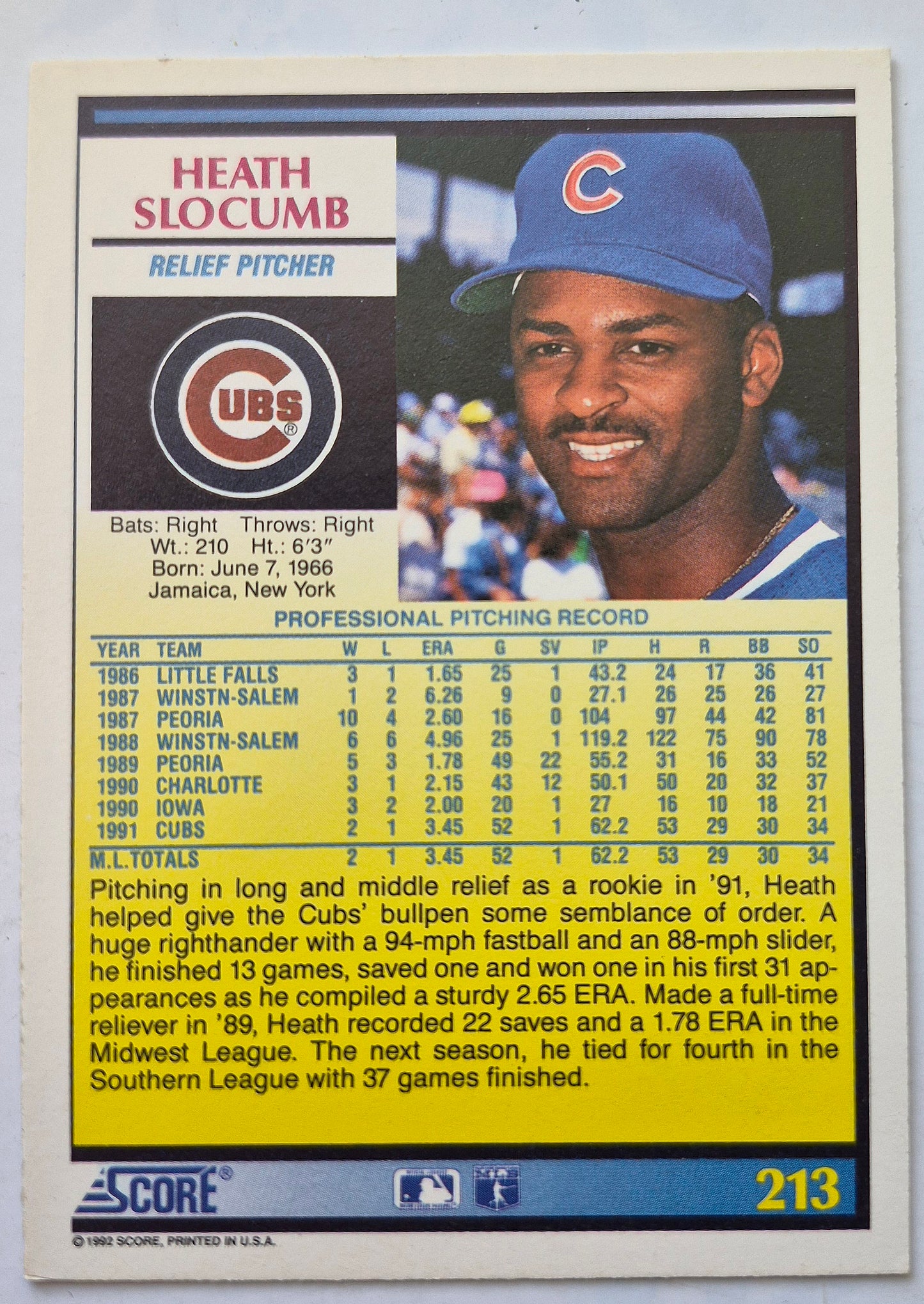 Slocumb Heath Chicago Cubs Relief Pitcher #213 Score '92 Baseball Card