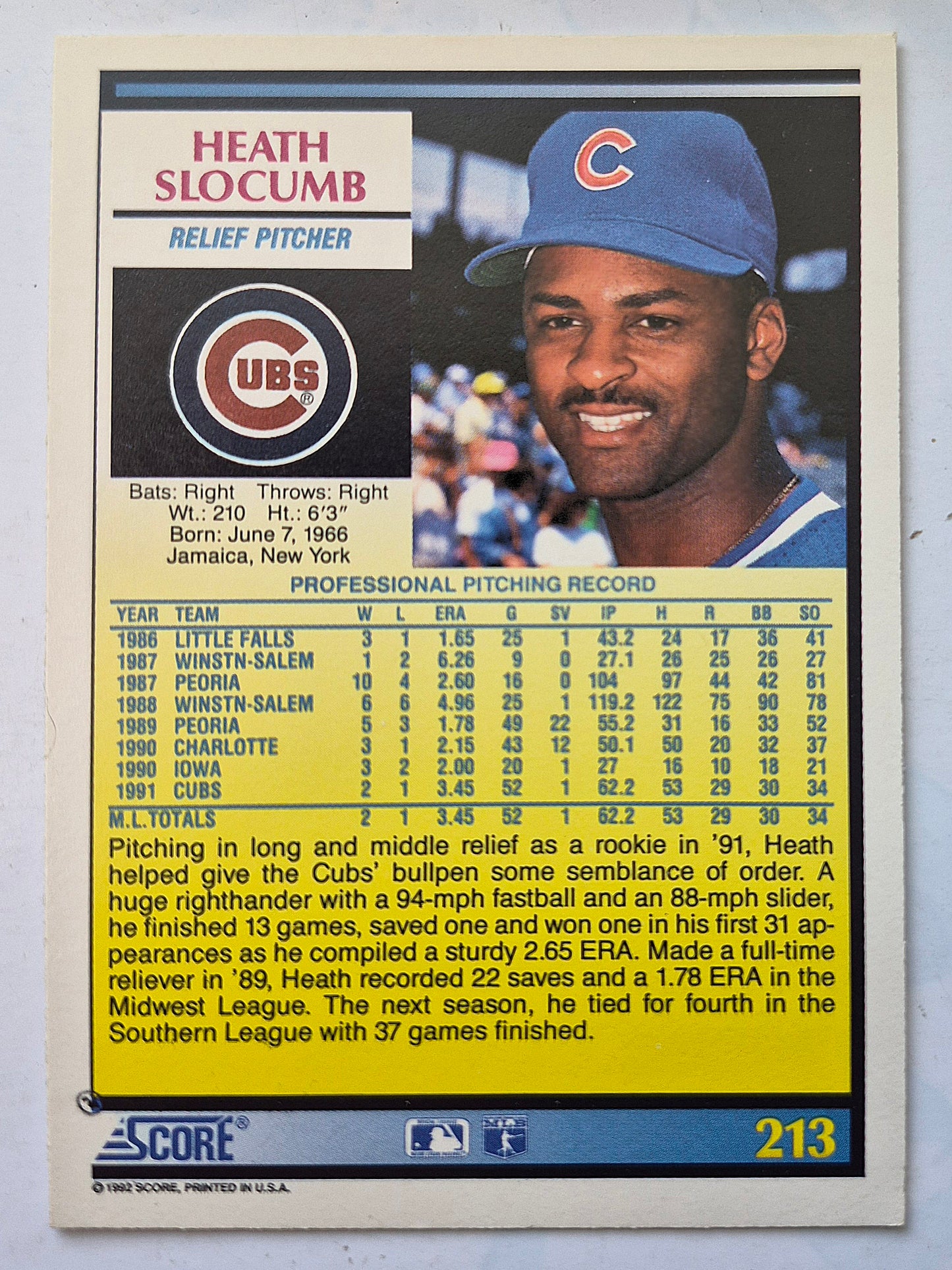 Slocumb Heath Chicago Cubs Relief Pitcher #213 Score '92 Baseball Card