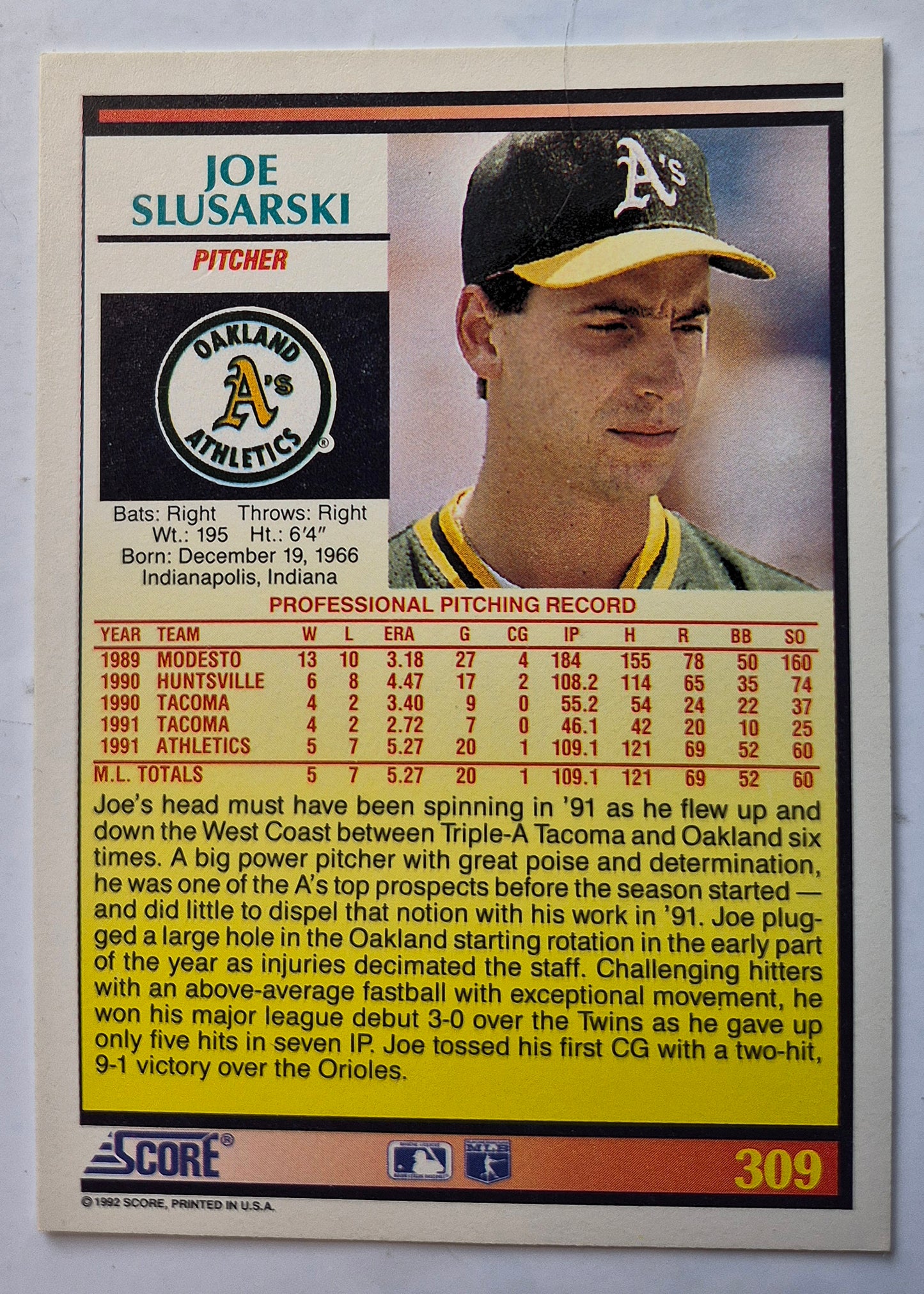 Slusarski Joe Oakland Athletics Pitcher #309 Score '92 Baseball Card