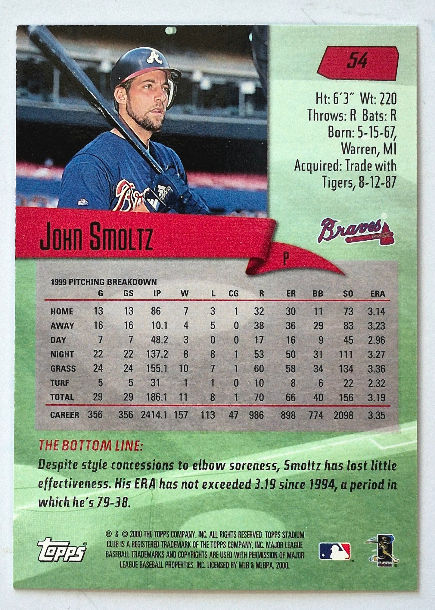 Smoltz John Atlanta Braves Pitcher #54 Topps 2000 Stadium Club Baseball Card