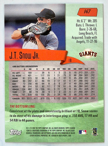Snow J.T. Jr. San Francisco Giants 1st Base #147 Topps 2000 Stadium Club Baseball Card