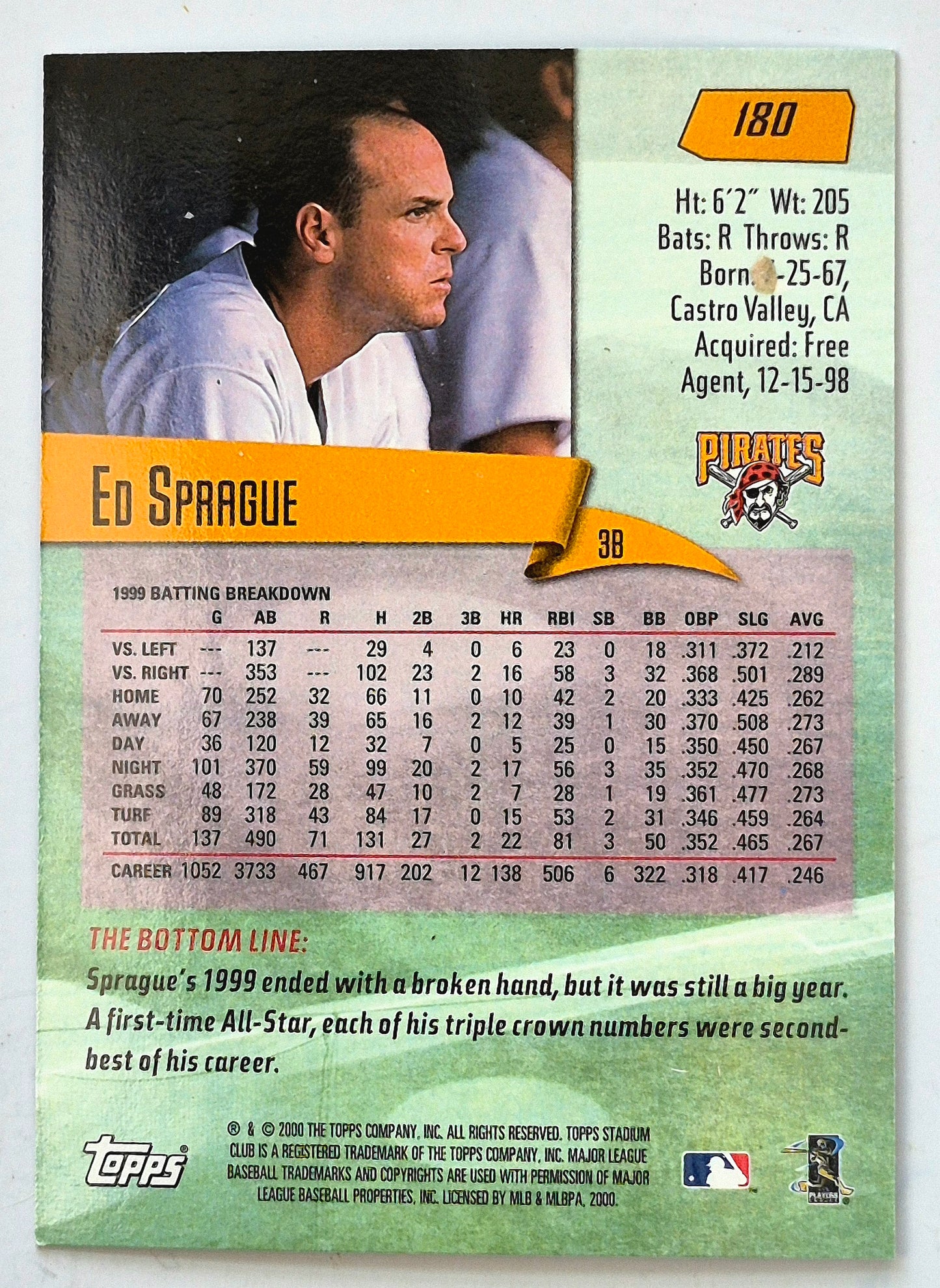 Sprague Ed Pittsburgh Pirates 3rd Base #180 Topps 2000 Stadium Club Baseball Card